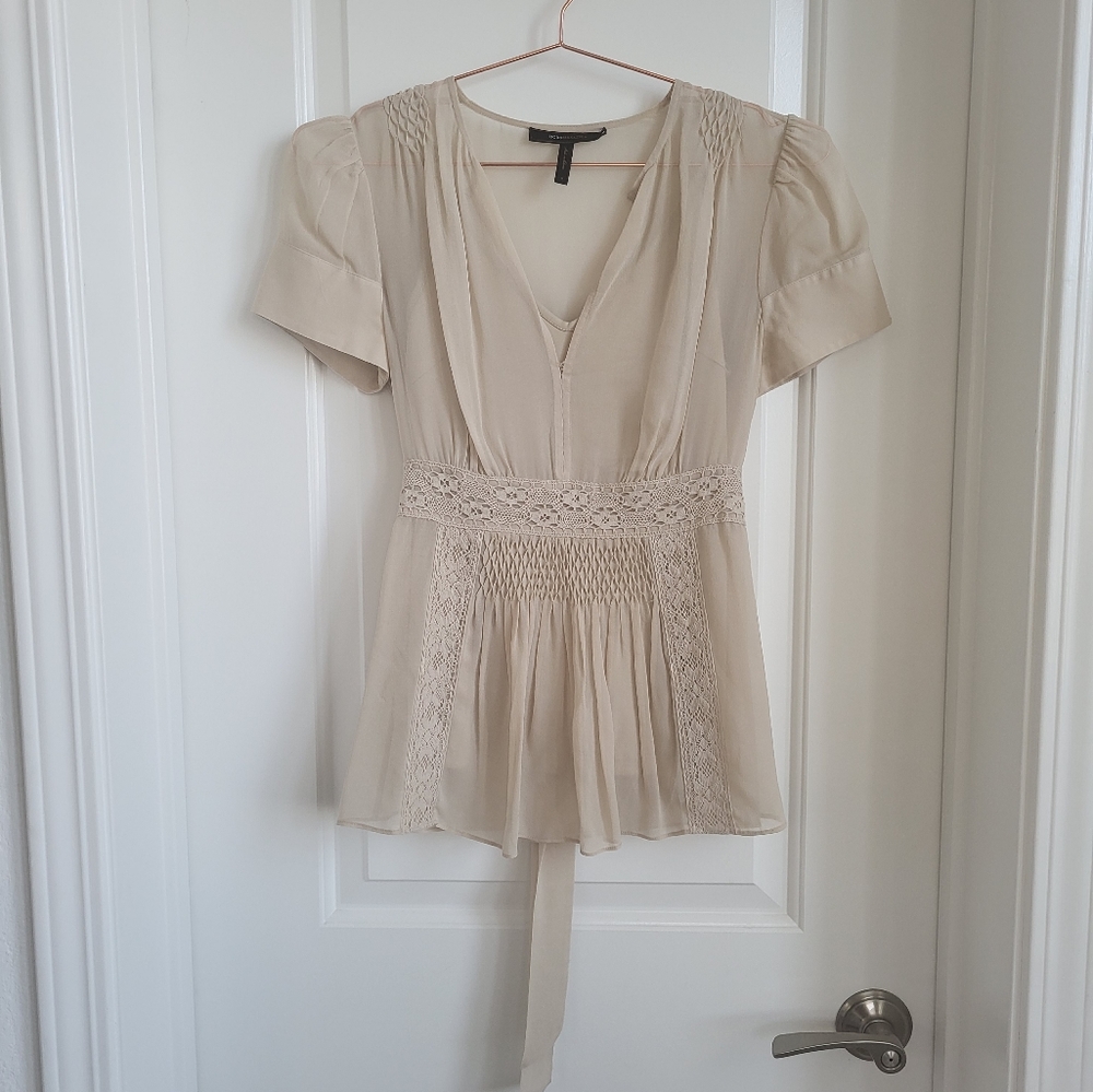 BCBG silk blouse tie back women's small cream ivory color